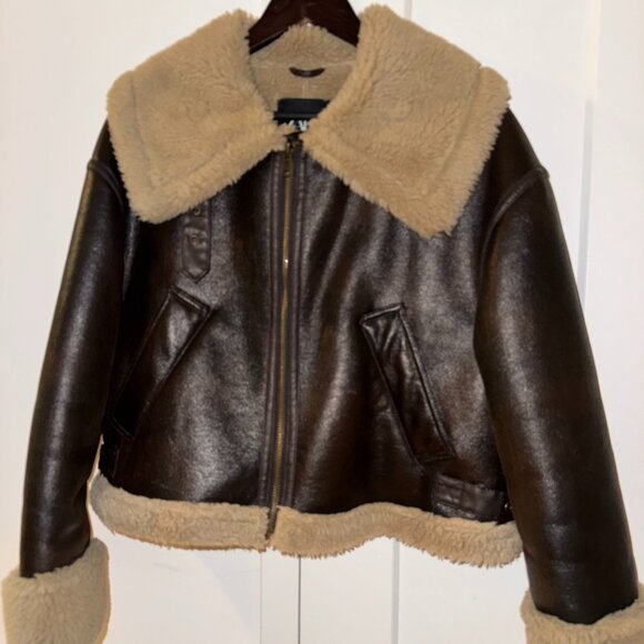 Zara Brown Shearling Aviator Jacket - Picture 1 of 7
